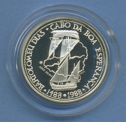 Portugal 100 Escudos 1987 Schiff B.Dias, Silber, KM 642a PP in Kapsel (m4334)
