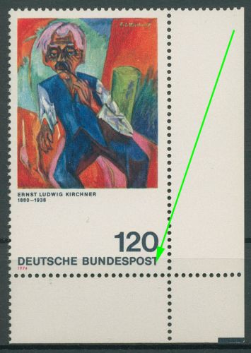 Bund 1974 Gemälde von Ernst L. Kirchner mit Plattenfehler 823 II Ecke postfrisch