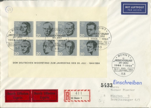 Bund 1964 Widerstandskämpfer Block 3 FDC mit Luftpost Express-R-Brief (X9862)