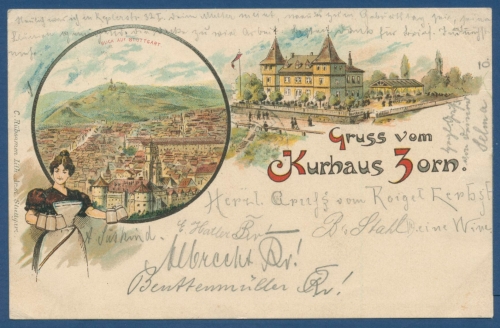 Stuttgart Litho Gruß v. Kurhaus Zorn Gänsheide Restaurant gelaufen 1899 (AK84)