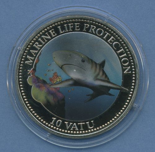 Vanuatu 10 Vatu 2005, Meeresschutz Tigerhai, farbig, PP in Kapsel (m4555)