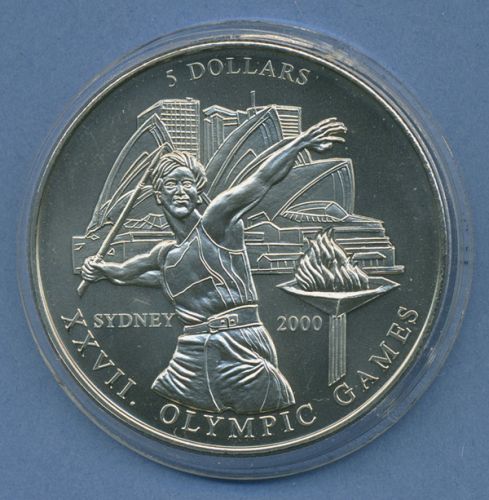 Liberia 5 Dollar 2000 Olympia Sommerspiele Sydney Speer vz/st in Kapsel (m4572)
