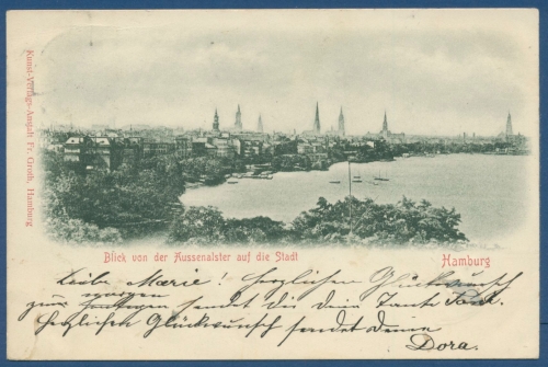 Hamburg Blick von der Aussenalster zur Stadt, gelaufen 1899 Marke fehlt (AK161)
