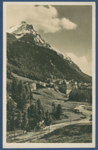 Pontresina Stadtansicht gegen die Berge, gelaufen 1927 (AK4272)