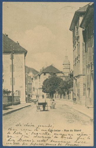 Saint-Imier Sankt Immer Rue du Stand, gelaufen 1906, Nadellöcher (AK4267)