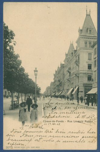 Chaux-de-Fonds Rue Léopold Robert, gelaufen 1903, Nadellöcher (AK4266)