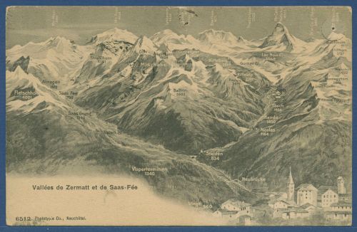 Täler von Zermatt und Sas-Fee, gelaufen 1906, Nadellöcher (AK4264)