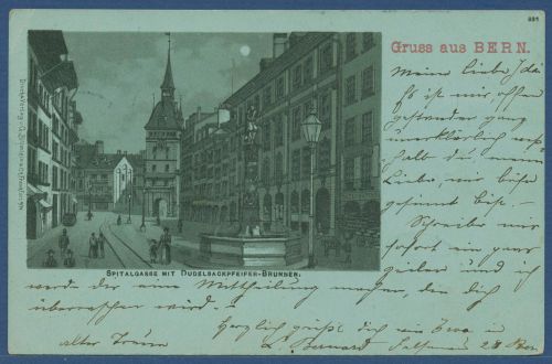 Gruss aus Bern Spitalmarkt Dudelsackpfeiffer-Brunnen, gelaufen 1900 (AK4248)