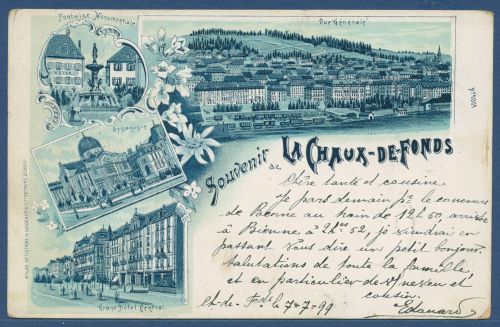 Souvenir de la Chaux-de-Fonds Synagoge Grand-Hotel, gelaufen 1899 (AK4238)