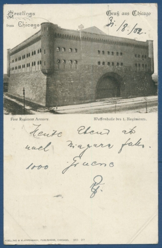 Gruß aus Chicago Waffenhalle des 1. Regiments, gelaufen 1902 (AK284)