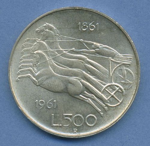 Italien 500 Lire 1961 Tag der Vereinigung Quadriga, Silber, KM 99 vz/st (m4625)