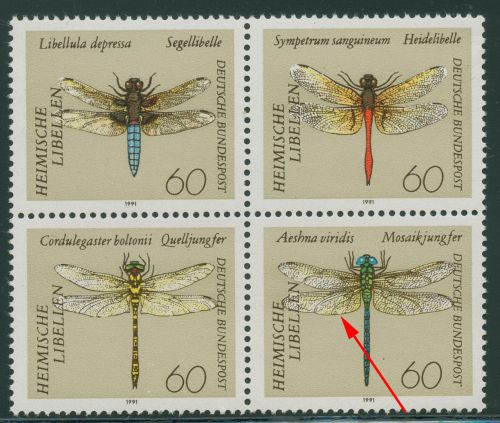 Bund 1991 Libellen Zusammendruck mit Plattenfehler 1549 f 14 postfrisch