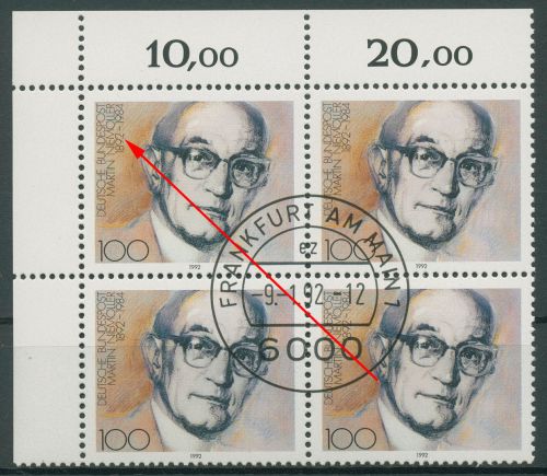 Bund 1992 100. Geb. Martin Niemöller Plattenfehler 1584 I 4er-Block gestempelt