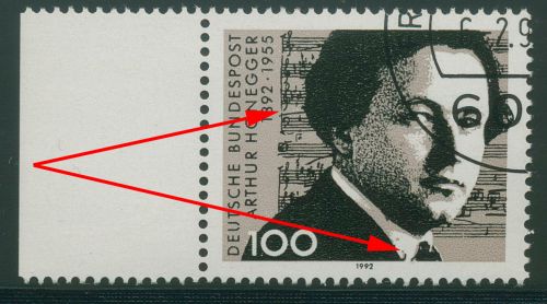Bund 1992 100. Geb. von Arthur Honegger mit Plattenfehler 1596 f 16 gestempelt