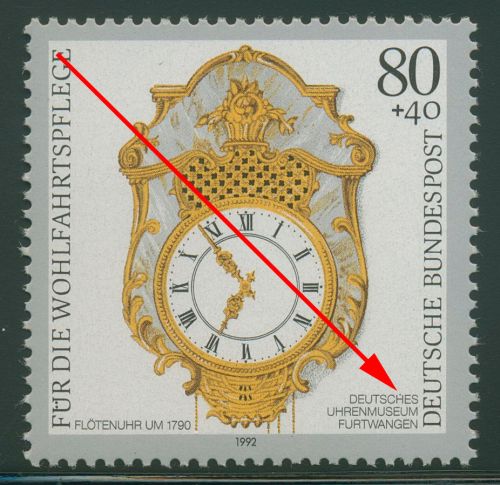 Bund 1992 Wohlfahrt: Alte Uhren Plattenfehler 1633 I postfrisch
