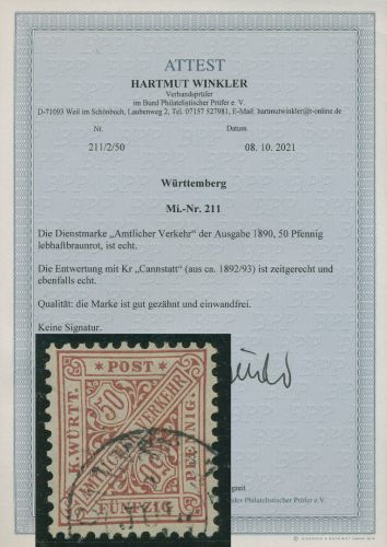 Württemberg Dienst 1890 Ziffer in Schildern 211 gestempelt geprüft m. Fotoattest