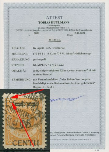 Memelgebiet 1923 Memel Plattenfehler 170 PF I gestempelt geprüft mit Fotoattest