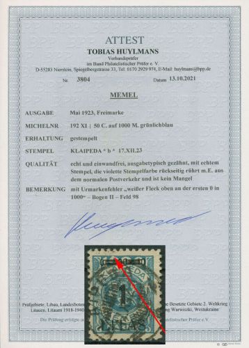 Memelgebiet 1923 Memel Plattenfehler 192 XI gestempelt geprüft mit Fotoattest