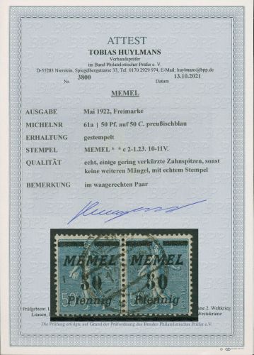 Memelgebiet 1922 kursiver Aufdruck 61 a waag. Paar gestempelt geprüft mit Attest