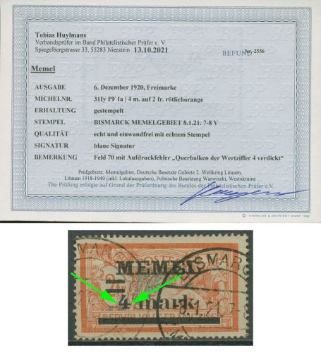 Memelgebiet 1920 mit Aufdruckfehler 31 I y PF Ia gestempelt geprüft mit Befund