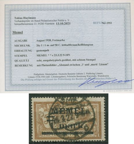 Memelgebiet 1920 mit Aufdruckfehler 26 y I gestempelt geprüft mit Befund