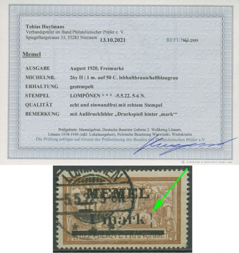Memelgebiet 1920 mit Aufdruckfehler 26 y II gestempelt geprüft mit Befund