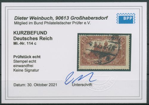 Deutsches Reich 1920 Reichspostamt Berlin 114 c gestempelt geprüft mit Befund