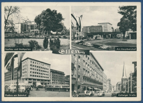 Essen Kettwiger Str. Saalbau Bahnhof und Post, gelaufen 1955 (AK331)