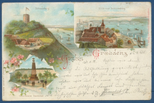 Gruß aus Graudenz Schloßberg Courbiere Denkmal Litho, gelaufen 1896 (AK349)