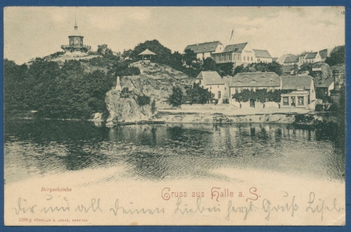 Gruß aus Halle an der Saale Bergschänke, gelaufen 1901 mit Bahnpost (AK420)