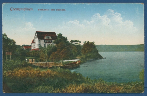 Gremsmühlen Parkhotel mit Diecksee, gelaufen 1919 (AK402)