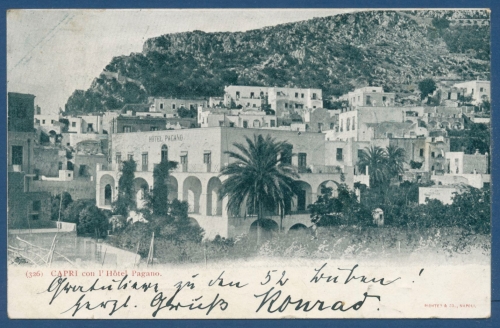 Capri Ortsansicht mit Hotel Pagano, gelaufen 1901 Marke fehlt (AK378)