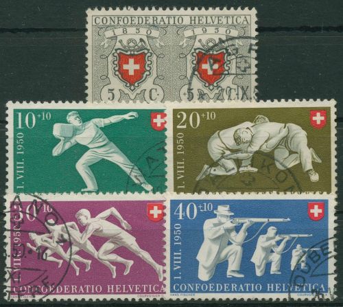 Schweiz 1950 Pro Patria Rayon-Briefmarken Sport 545/49 gestempelt
