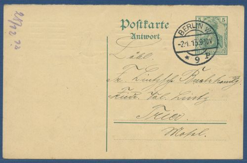Deutsches Reich 1910 Postkarte Antwortteil P 92 A gebraucht (X40340)