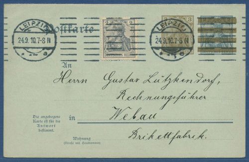 Dt. Reich 1908 Aufbrauchsausgabe Postkarte mit Antwort P 87 gebraucht (X40373)