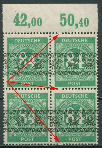 Bizone 1948 Platte Oberrand ausgefallenes Zahnloch 68 Ia P OR 4er-Block postfr.