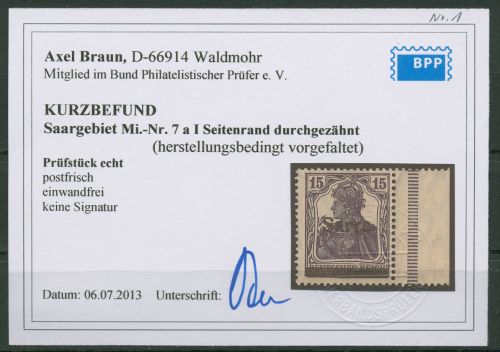 Saargebiet 1920 Germania Plattendruck durchgez. Rand 7 a I P SR postfr. geprüft