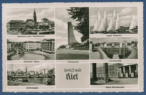 Kiel Berliner Platz Universität Ostseehalle, gelaufen 1957 (AK4310)