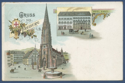 Gruß aus Freiburg Münster Hotel Engel Litho, gelaufen (AK645)