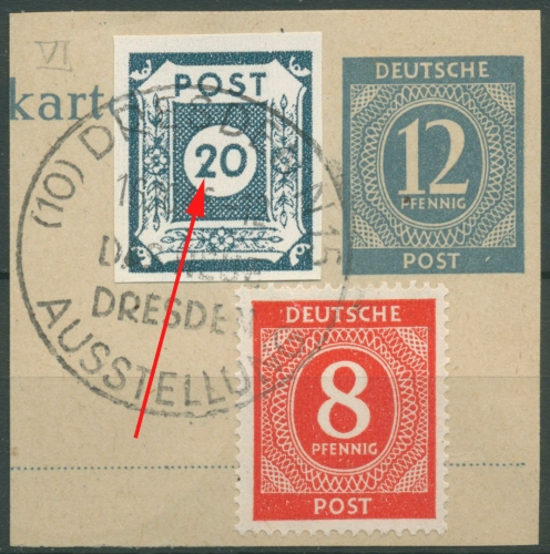 SBZ Ost-Sachsen 1945 Ziffernserie mit Plattenfehler 48 A a VI auf Briefstück