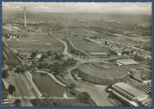 Dortmund Westfalenhalle Fernsehturm Luftbild, gelaufen 1963 (AK657)
