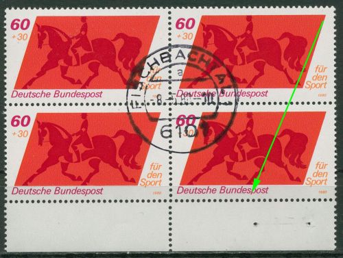 Bund 1980 Sporthilfe mit Plattenfehler 1047 I 4er-Block gestempelt