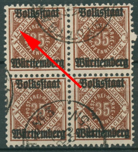 Württemberg Dienstmarken 1919 mit Plattenfehler 142 I 4er-Block gestempelt
