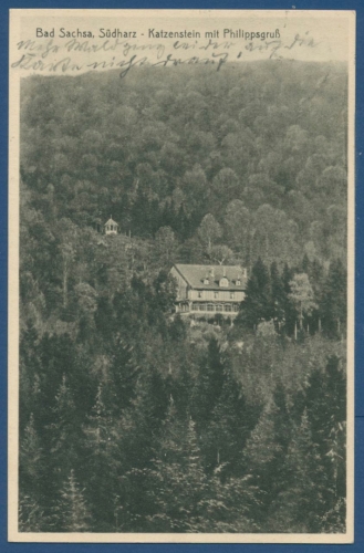 Bad Sachsa Südharz Katzenstein mit Philippsgruß, gelaufen 1934 (AK840)
