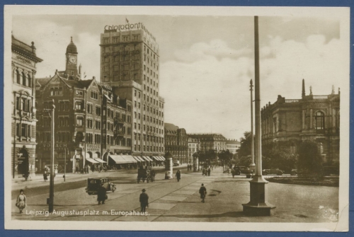Leipzig Augustusplatz Europahaus Fa. Vobach Schnitte, gelaufen 1931 (AK842)