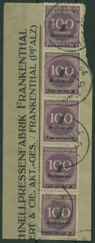 Dt. Reich 1923 Ziffern im Kreis 331 b 5er-Streifen Briefstück geprüft (R19858)