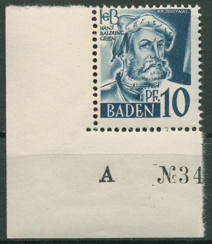 Franz. Zone: Baden 1947 Hans Baldung Type II Ecke unt. links 3 yv II postfrisch