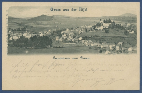 Gruß aus der Eifel Daun Panorama, gelaufen 1901 mit Bahnpost (AK877)