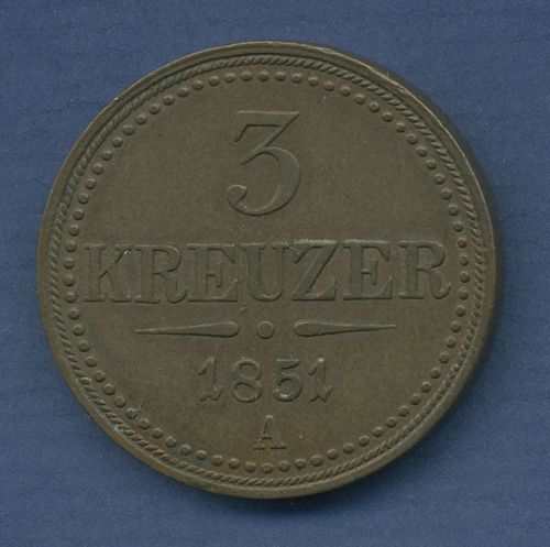 Haus Habsburg 3 Kreuzer 1851 A, Franz Joseph I., J 288 vz (m3333)