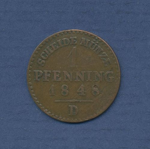 Preußen Pfennig 1848 D, König Friedrich Wilhelm IV., fast sehr schön (m3349)